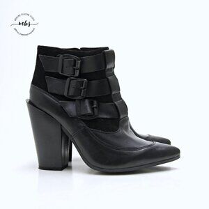 Texto Triple Buckles Leather Heeled Booties in Black Women Size 9‎